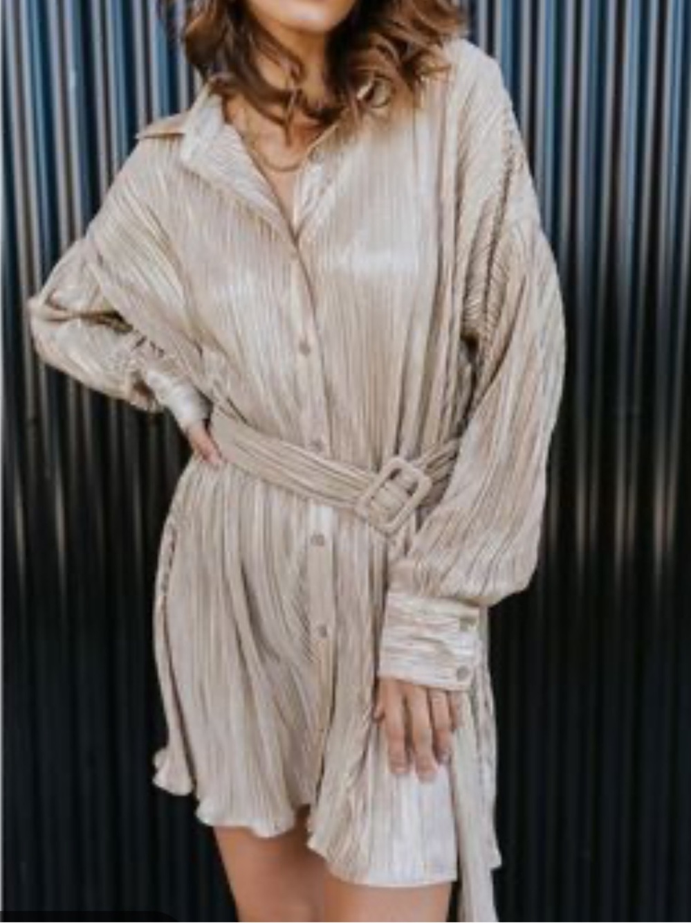 Satin Button-Up Dress with Belt - Champagne